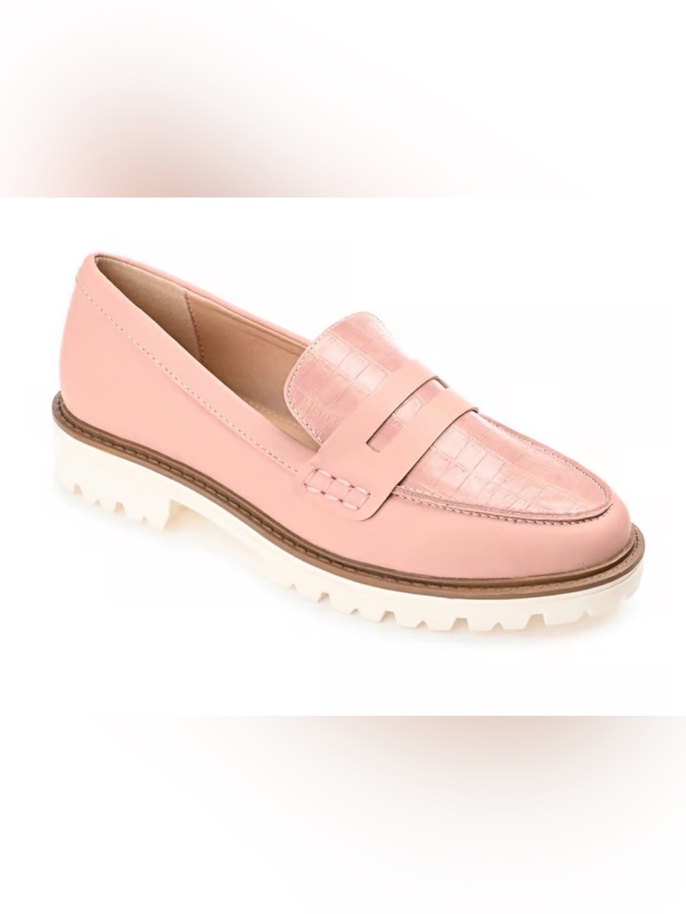 Journee Collection Blush Pink Croc-Texture Penny Loafers White Lug Sole Sz 6.5W